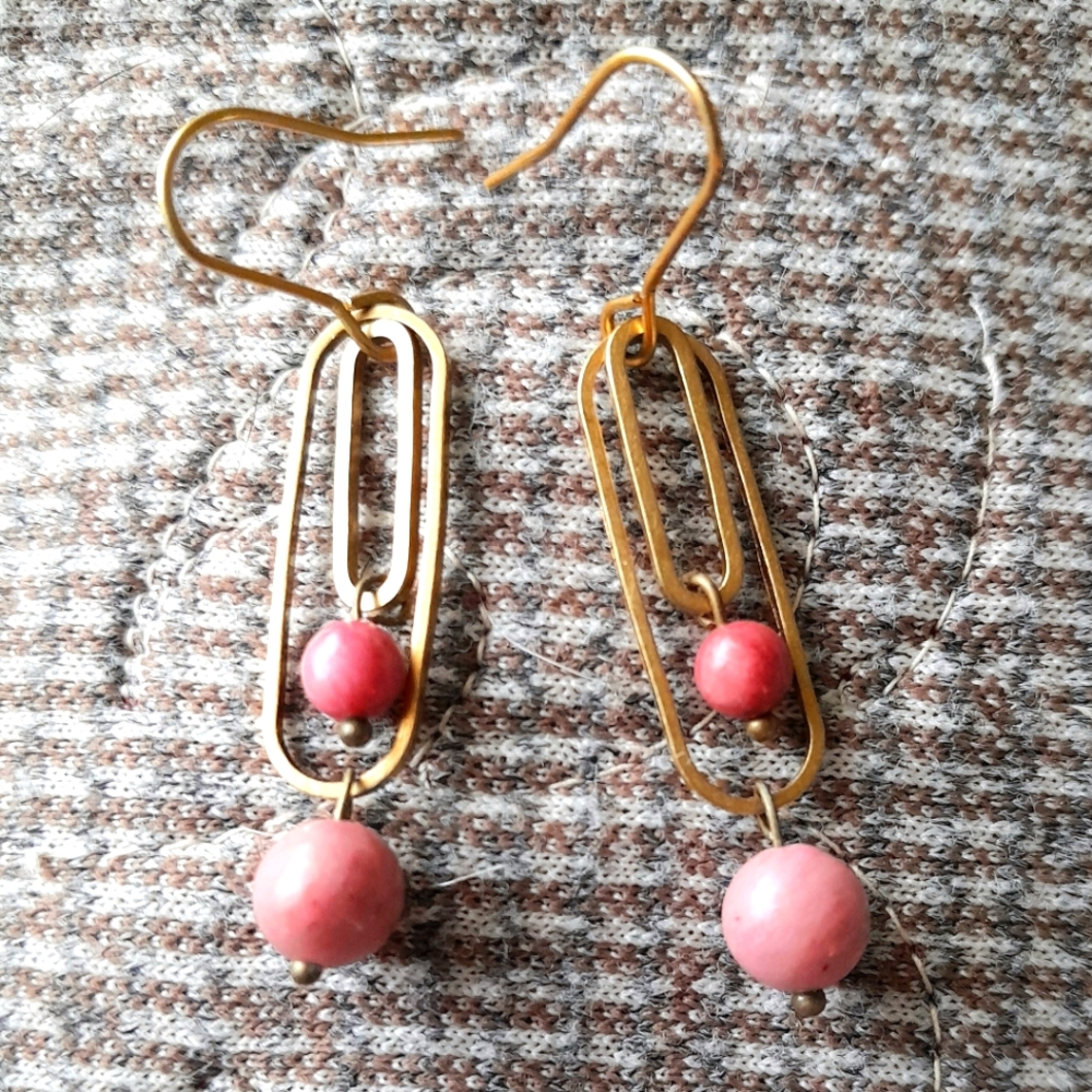 Small 'Paperclip' Earrings in Rhodochrosite